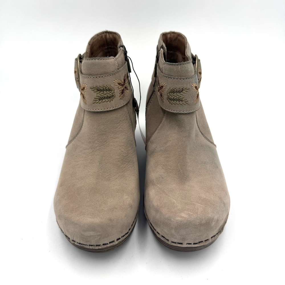 Dansko Taupe Leather Embroidered Ankle Boots Buckle Block Heel Size 38 - Picture 3 of 5